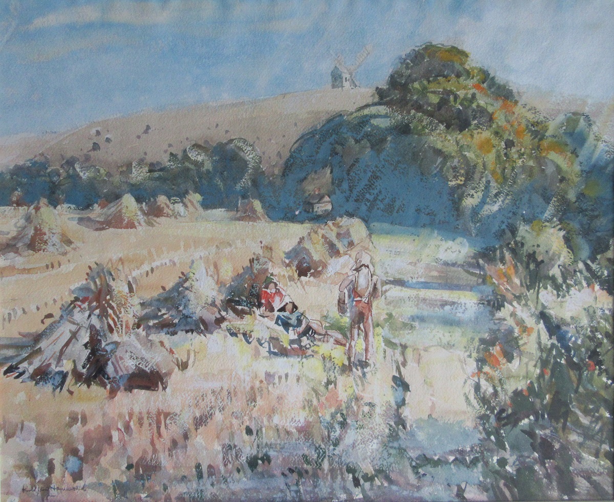 Pasture scene with hay stacks and figures