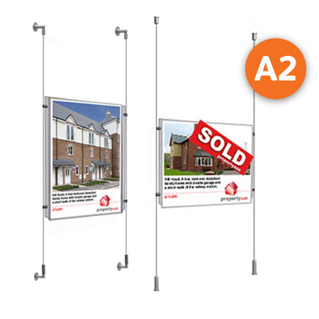 A2 cable display systems with clear poster pockets