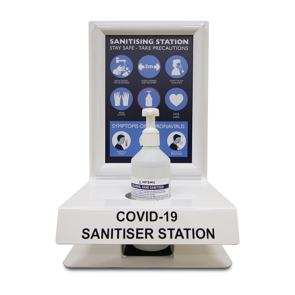 Sanitiser station for wall mounting with A4 poster frame for instructions and safety messages