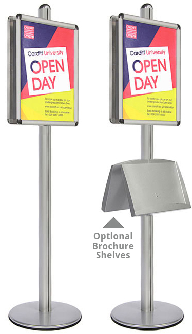 Double sided A2 sign holders with optional leaflet shelf.