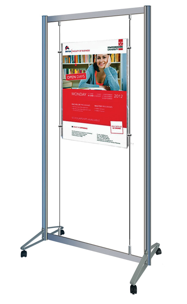 Mobile cable display stand with A1 poster pocket.