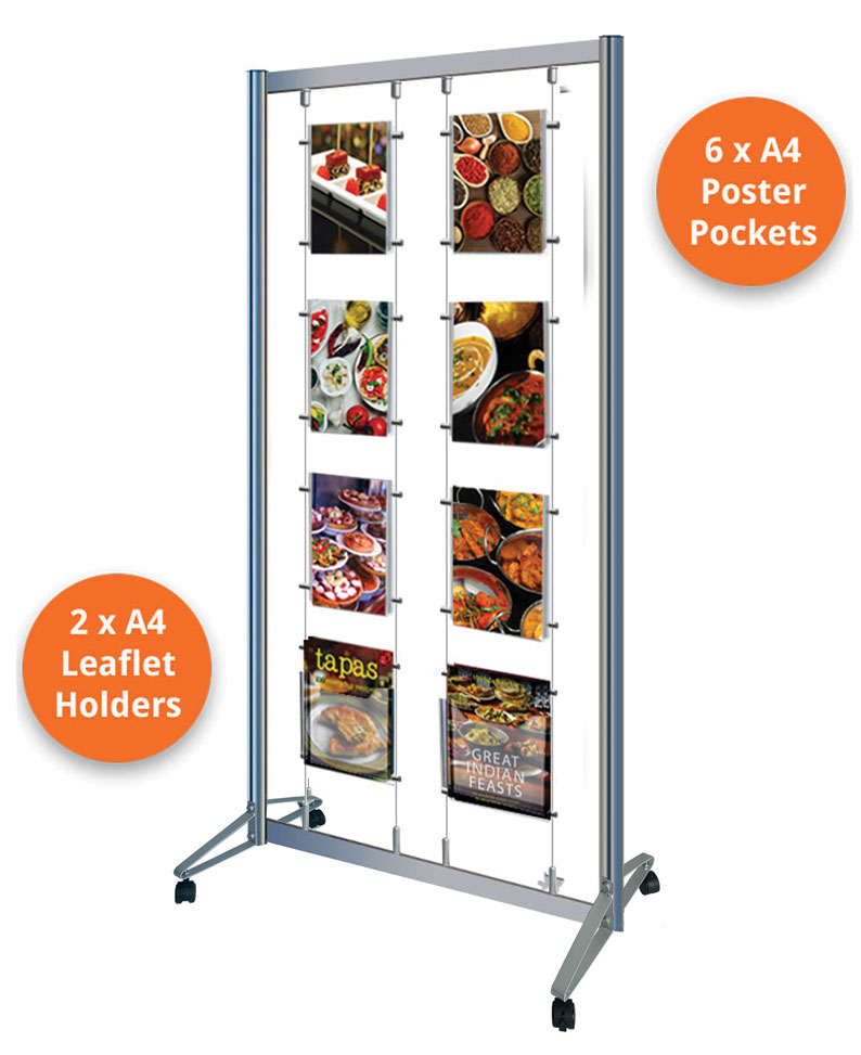 Mobile cable display stand with 6 x A4 poster pockets & 2 x A4 leaflet dispensers.