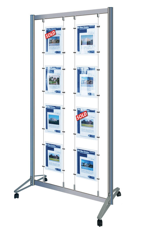 Display stand with 8x A4 portrait pockets on wheels / castors. Ideal for retail events.