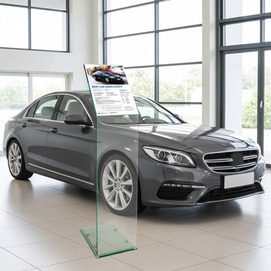 A4 silent salesman in front of car in showroom