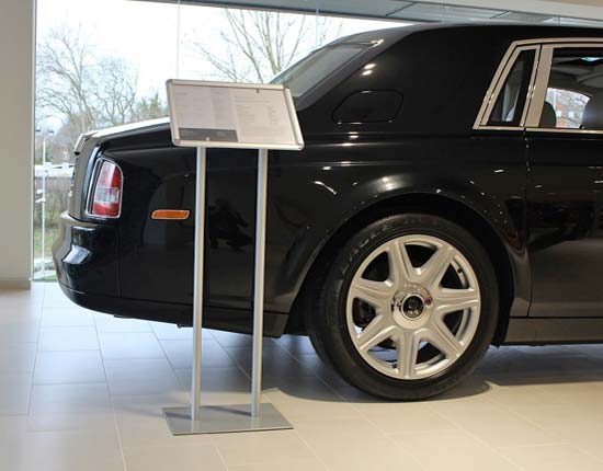 A3 poster stands are perfect for car showrooms to display car specs & prices