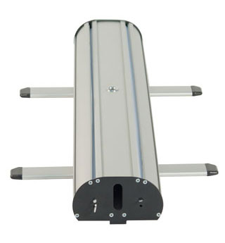 Double sided pullup banner stand with wide base unit and swivel out feet for added support.