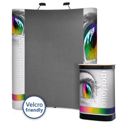 3x2 curved popup stand package with combination of Velcro friendly panels and end graphic panels.