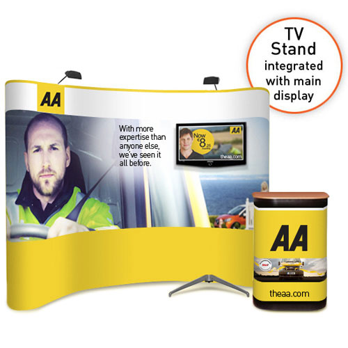 3x4 curved popup stand with integrated large monitor / TV (32 to 50")