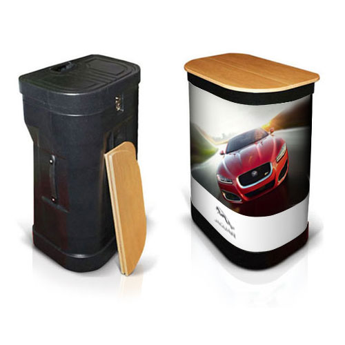 A popup wheeled shuttle case with graphic wrap and folding tabletop
