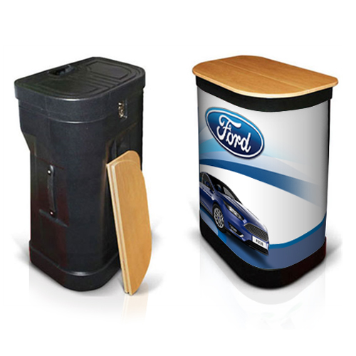 Wheeled popup stand case converted to a podium with graphic wrap and folding tabletop