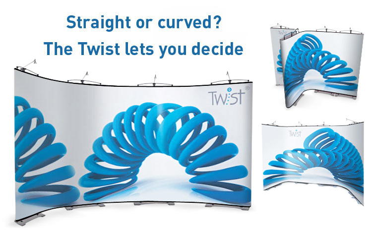 Create curved or straight lines with the 7 panel Twist Banner System.