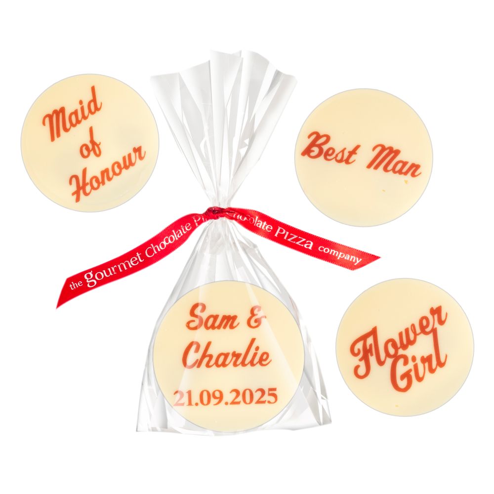 Personalised wedding favour white chocolate discs.
