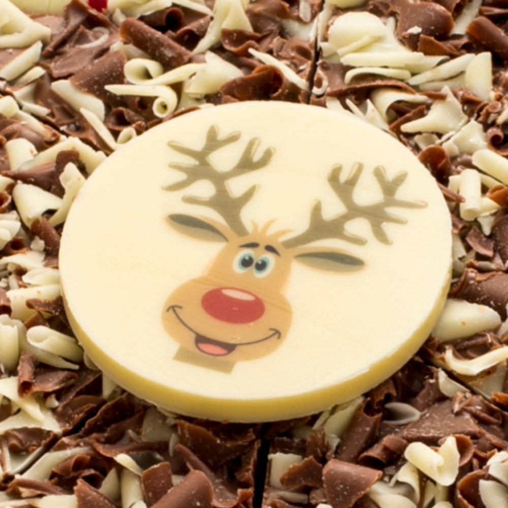Finish your chocolate pizza with our adorable white chocolate reindeer plaque!