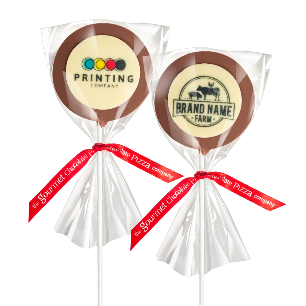Chocolate lollipops finished with branded white chocolate plaques.