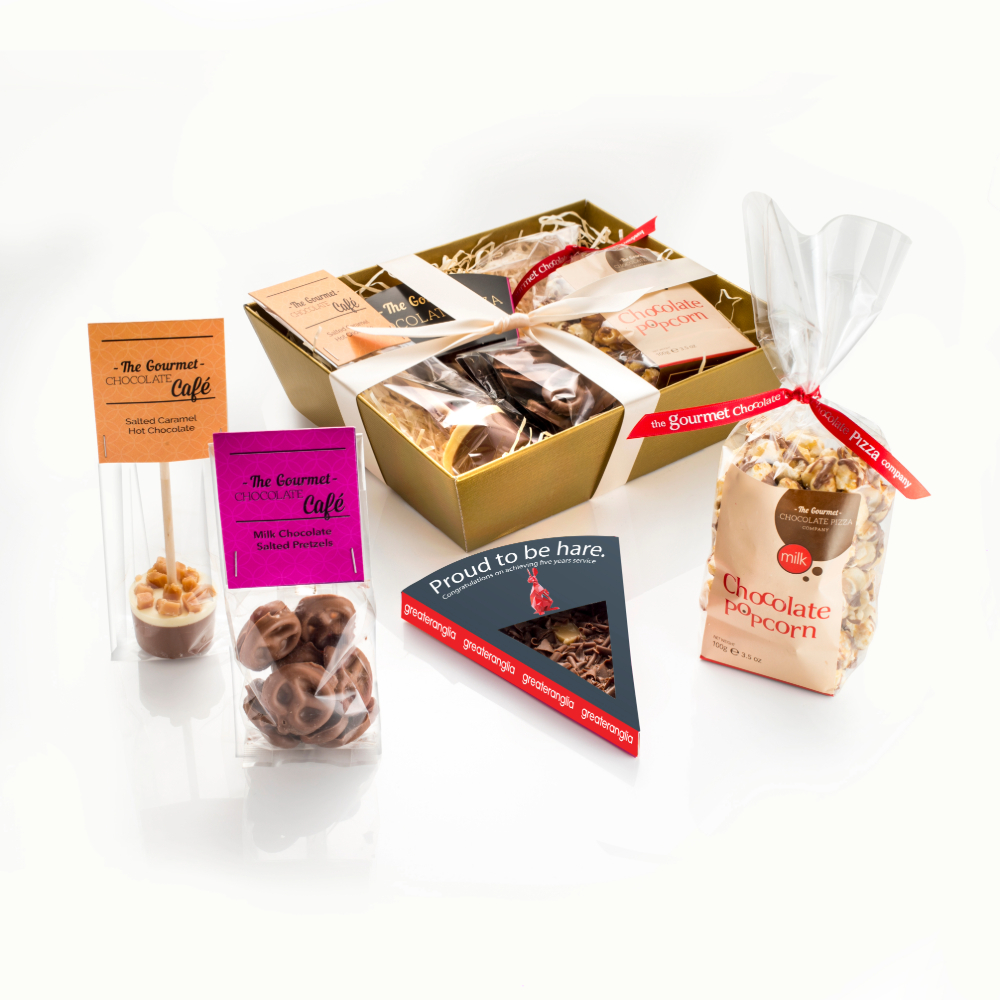 Corporate gift hamper with a bespoke pizza slice box.