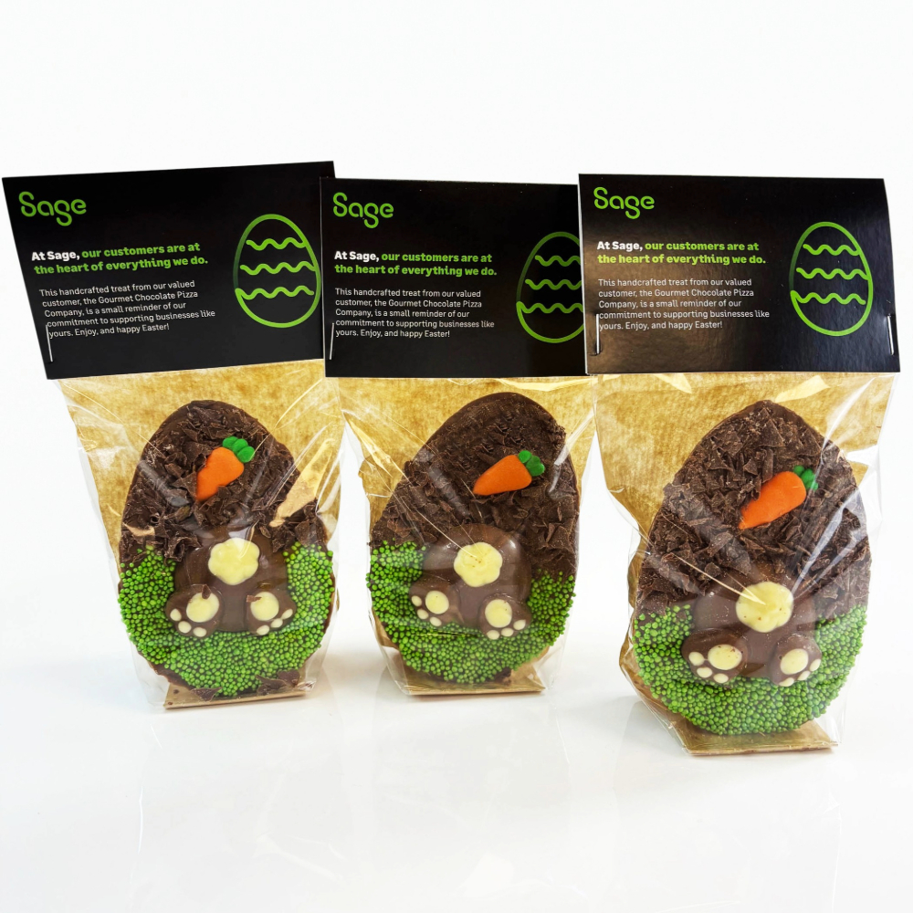 Digging Bunny Chocolate Eggs with a corporate top card.