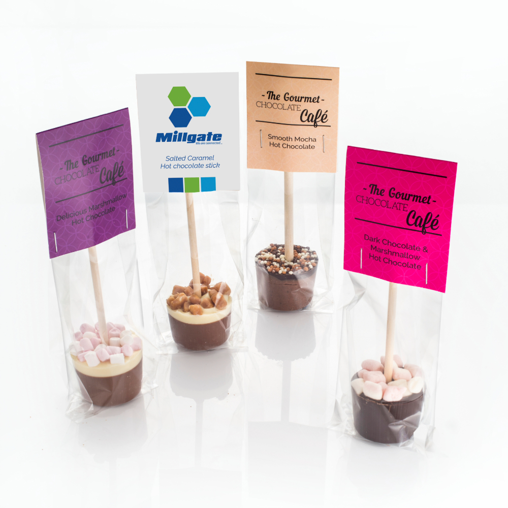 Hot Chocolate Stirrers with a corporate top card.