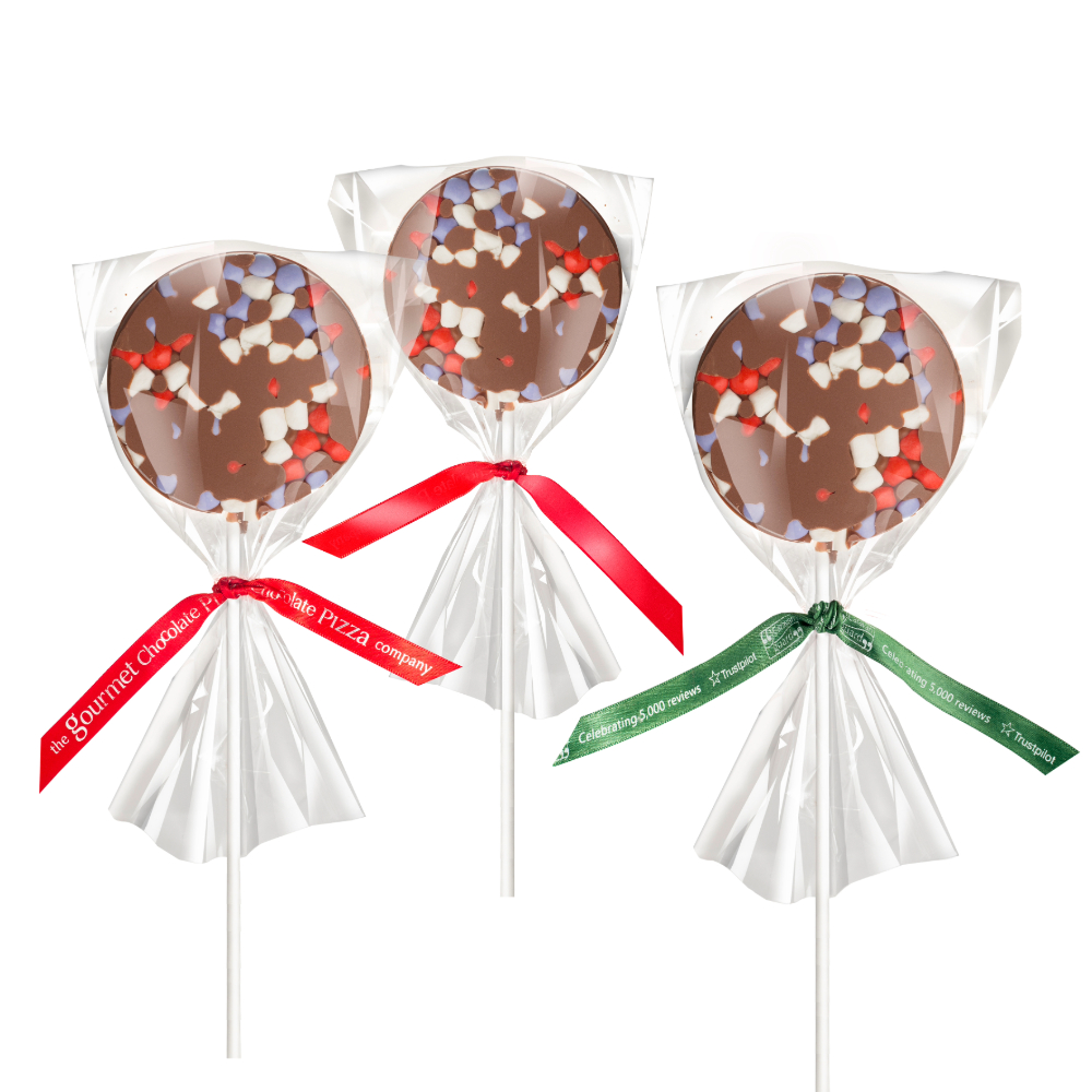 Corporate chocolate lollies with themed rainbow drops or personalised ribbon.
