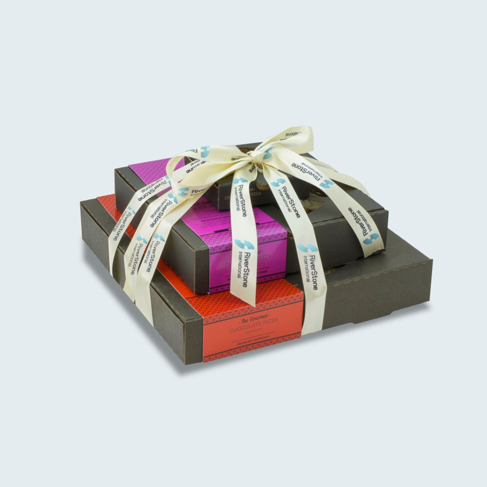 Example of bespoke ribbon used to tie a chocolate pizza pyramid.