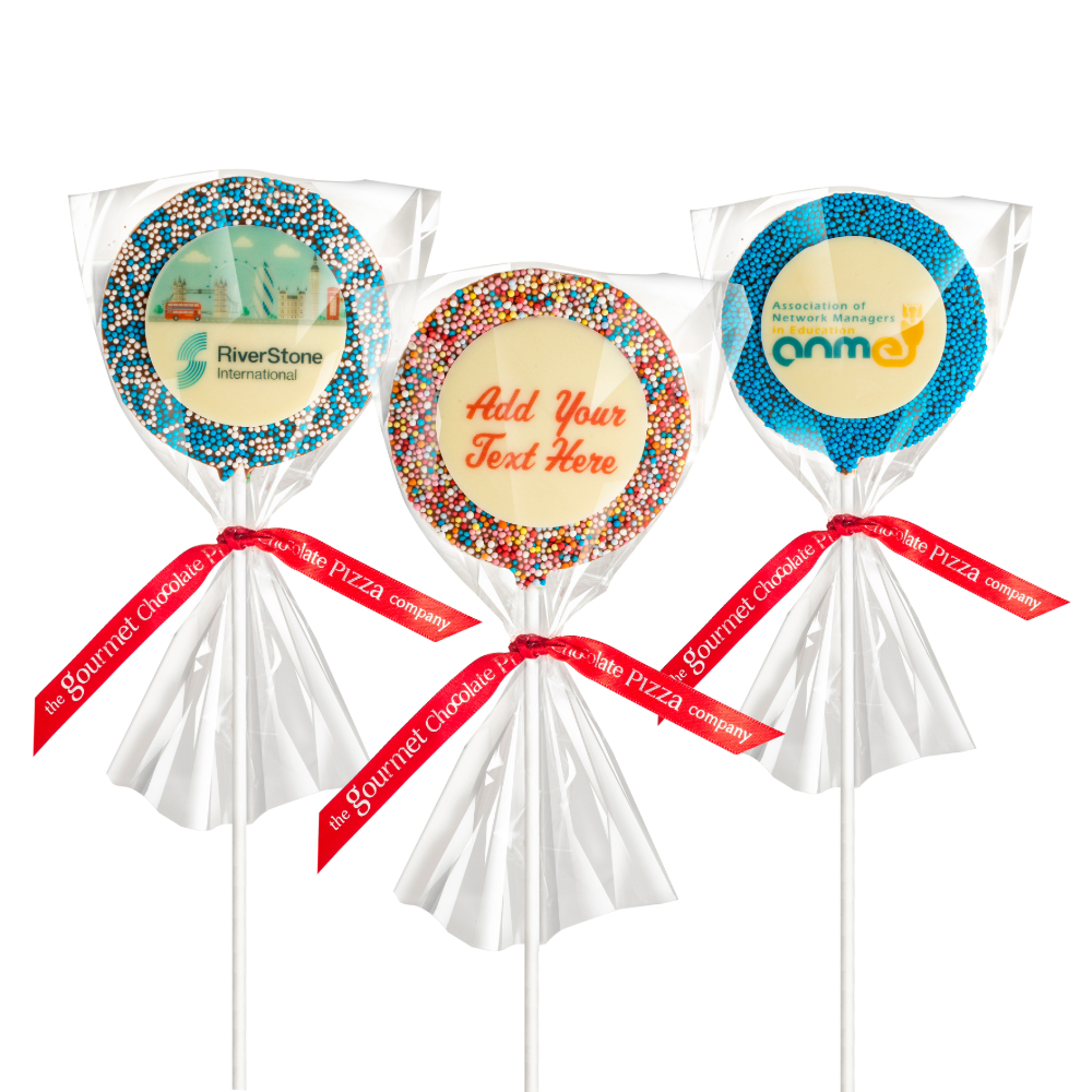 Branded chocolate lollipops with colour coordinated sprinkles.