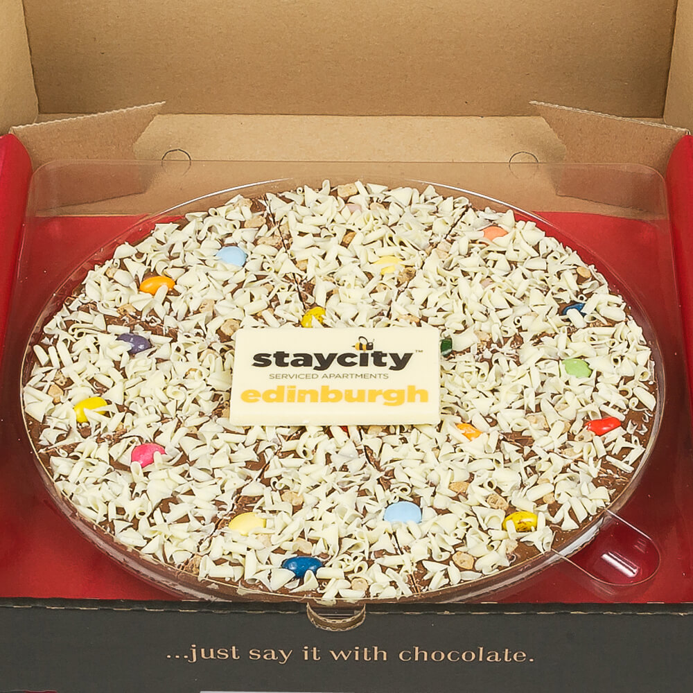 Our chocolate pizzas can be customised to reflect your business