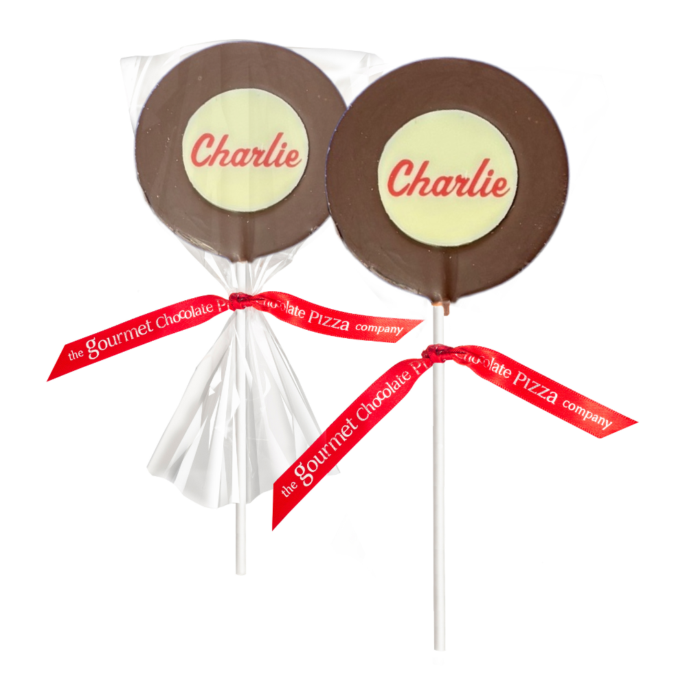 Round milk chocolate lollipops with personalised white chocolate discs.