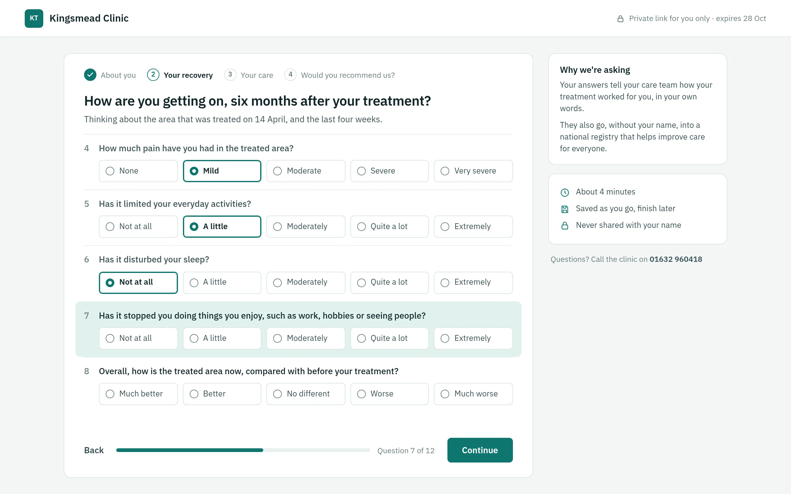 A patient's six-month questionnaire, opened from a private email link: simple recovery questions with large answer buttons, and a note that answers join the national registry without their name