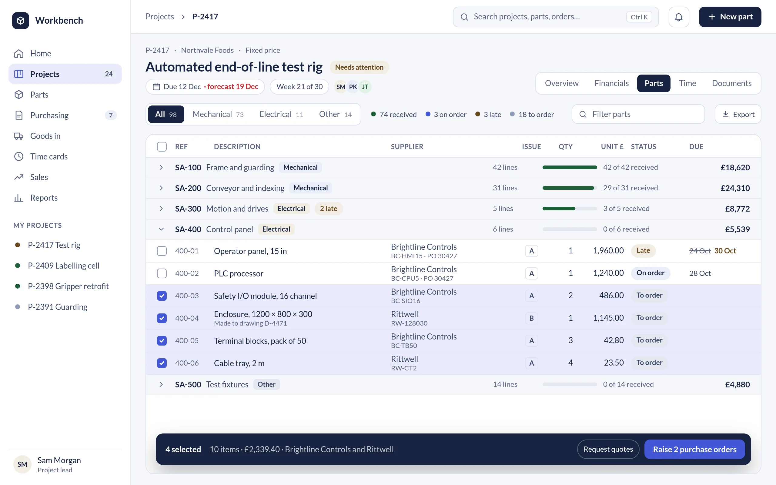 A project's part list grouped by sub-assembly, showing each line's supplier, drawing issue, quantity, price and order status, with late deliveries flagged and four lines selected to raise purchase orders
