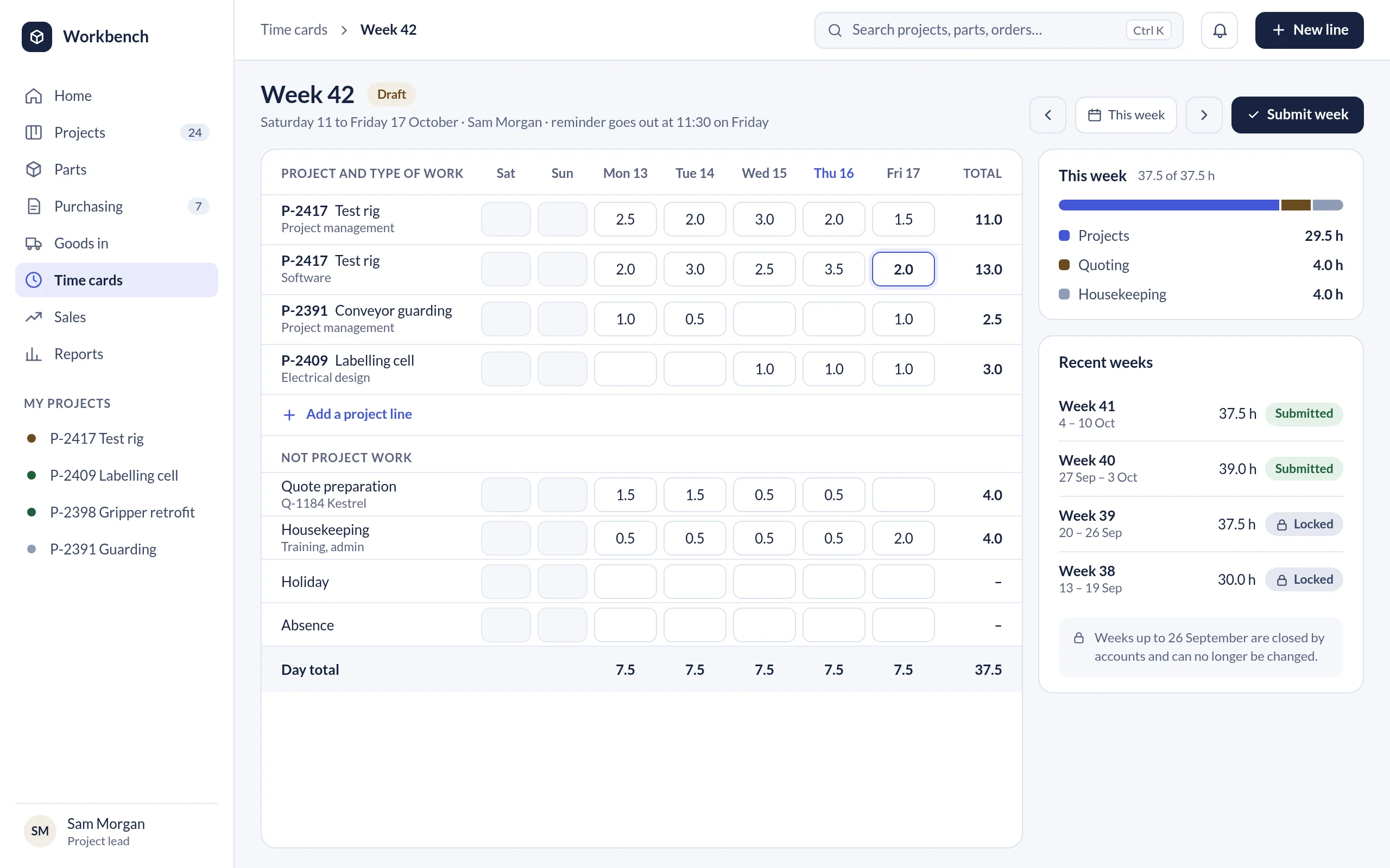 A weekly time card: hours by project and type of work for each day, with quoting and housekeeping recorded separately, and recent weeks submitted or locked