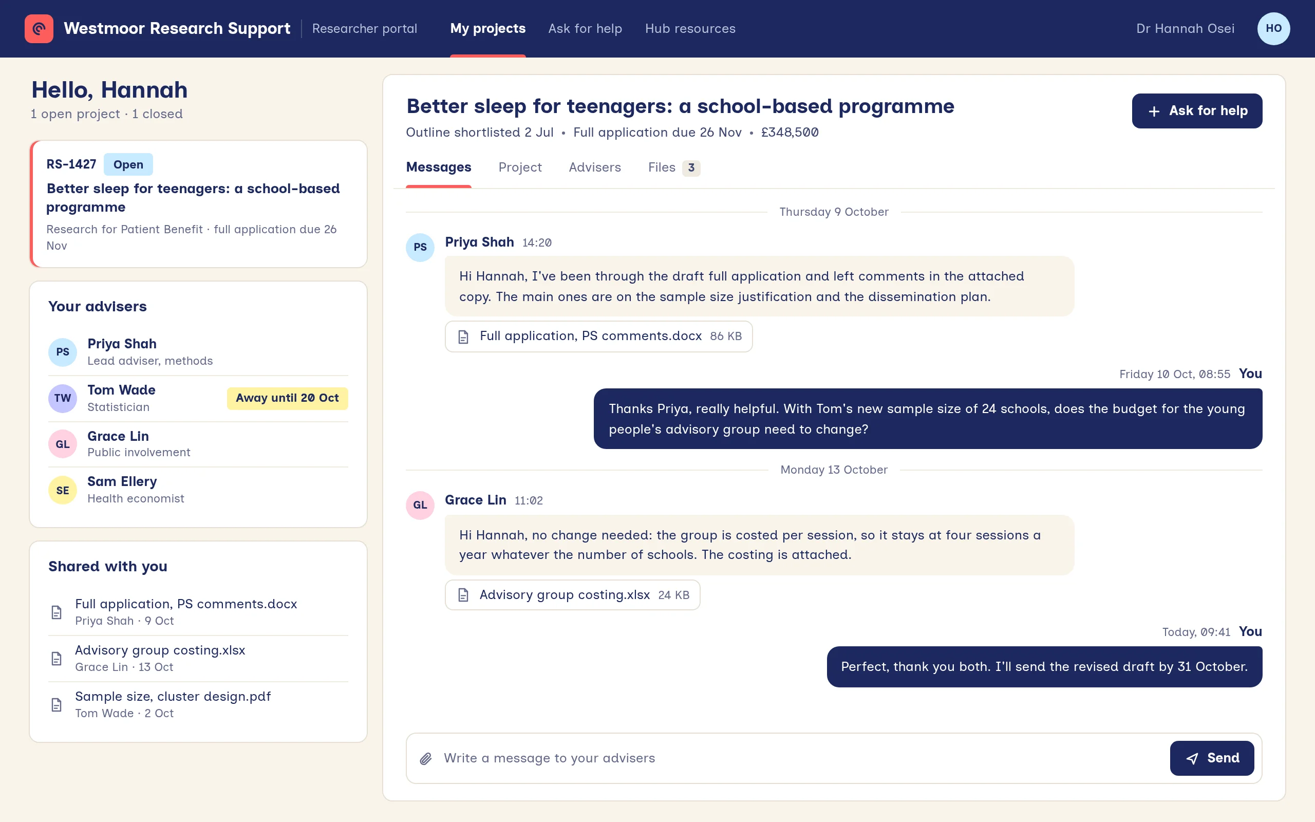 A researcher's portal: their open project, their advisers with one away, files shared with them, and the message thread with their advisers