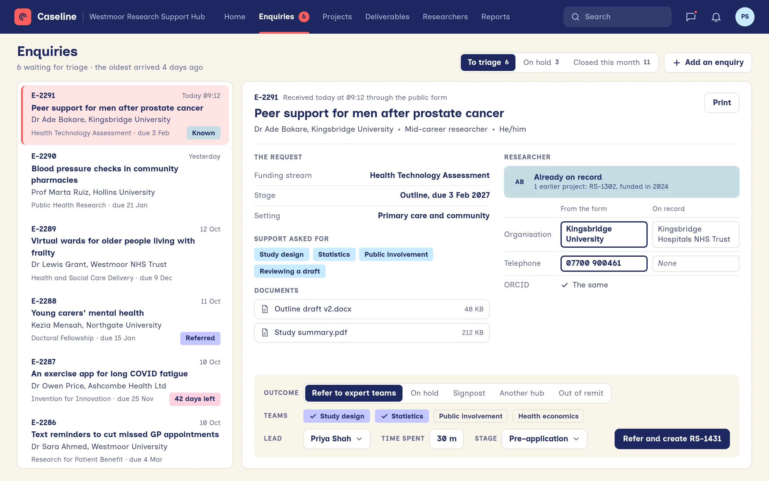 The triage queue: six new enquiries, one open beside them with the request, a match against a researcher already on record, and the decision to refer it to two specialist teams